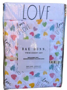 New Rae Dunn Rainbow Heart Love is Love Print Twin 3 Piece Sheet Set Embroidered